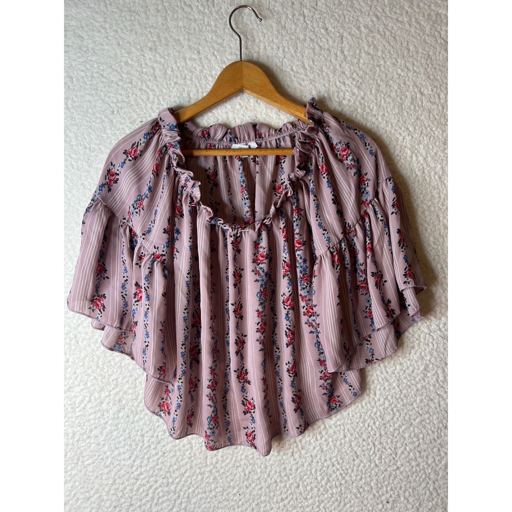 Persaya Womens Floral Stripe Off Shoulder Ruffle Bell Sleeve Blouse Pink Medium